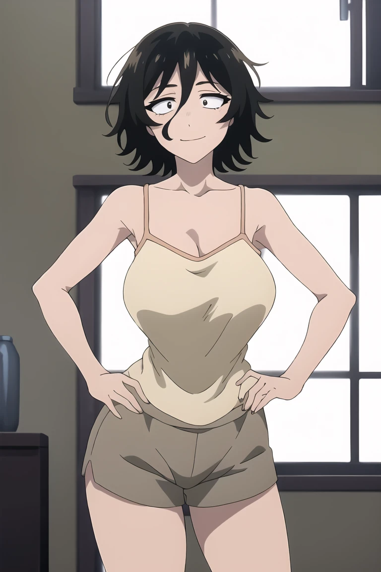 ((best quality)),((highly detailed)),masterpiece,absurdres,detailed face,beautiful face,(detailed eyes, deep eyes),1girl, Sally, solo, black hair, glasses, short hair, blue eyes,messy hair, nude, smile, collarbone, looking at viewer, hair between eyes, scar, huge breasts, hands on hips, in a living room