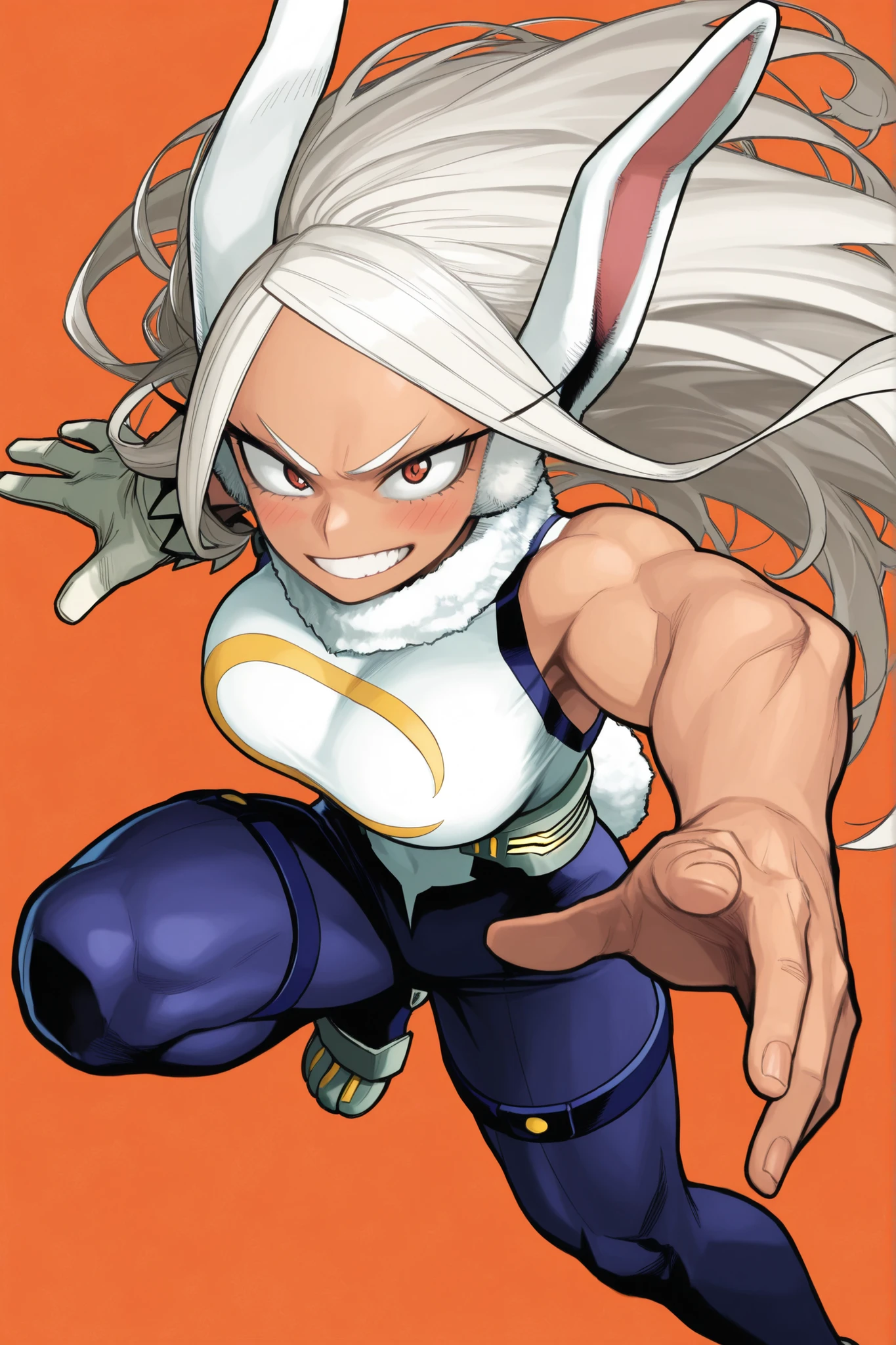 score_9, score_8_up, score_7_up, score_6_up, score_5_up, score_4_up,
BREAK
(masterpiece: 1.0), best quality, perfect anatomy, perfect composition, perfection, Realistic proportions, realistic anatomy, my hero academia, kohei horikoshi
BREAK
use of shape theory, use of anatomy, defined body, defined textures, defined fabric folds. (dynamic pose, foreshortening, foreshortening, dynamic pose,)
BREAK
1girl, solo, long hair, breasts, looking at viewer, blush, simple background, Mirko (My hero academia), dynamic pose, thick lines