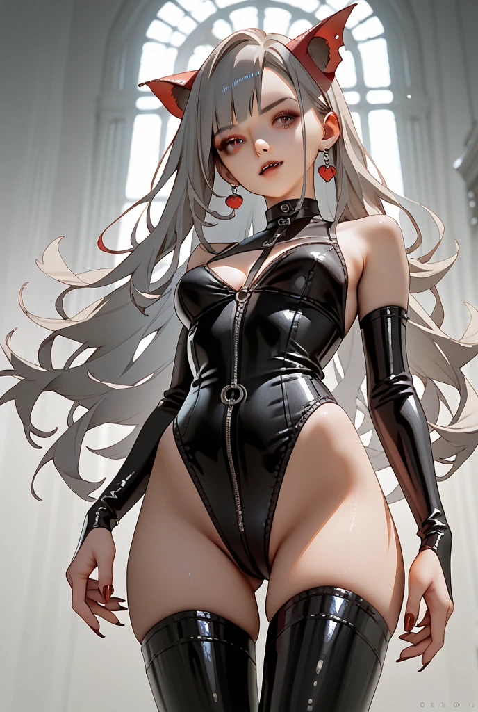 As a rogue, she wore tight-fitting clothes that allowed her to move quickly and quietly, a black bodysuit and pants that clung to her figure, with leather gloves and boots. The suit was sleeveless, revealing her lean but muscular arms, and had several pouches and pockets hidden in the fabric. Her face was covered by a sleek, black mask that left only her eyes visible, which were currently wide and surprised. Despite her startled expression, she held a sort of quiet confidence, as if knowing she could handle whatever situation she was in.With her newly darkened skin and silver hair, her appearance was striking and otherworldly. Her features, already sharp and angular, had an exotic edge to them now, and the silver of her hair gleamed against the rich darkness of her skin. Despite her transformation, there was no denying the hint of fear and confusion in her wide, startled eyes.Even in her surprise, there was a sense of familiarity in her expression, a recognition of herself in this newly-darkened body. The sharp intelligence in her eyes was still present, even if the fear was temporarily taking over. She looked both vulnerable and powerful, a strange combination that seemed contradictory and yet entirely natural at the same time.Even as she stood there in shock, there was a sort of graceful, feline-like quality to her movements. She seemed to balance perfectly on the tightrope between caution and curiosity, her mind trying to make sense of what had happened to her while simultaneously being drawn in by the strangeness of it all.