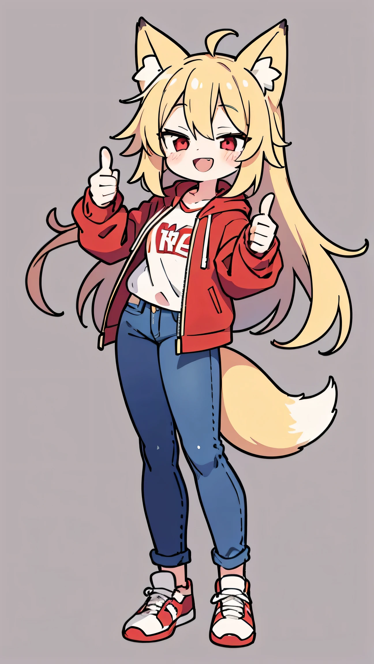 anime style、 cute face、 female、 fox ears、gold hair、tail、red eyes、 long hair、 red jacket 、jeans、sneakers、simple background、double teeth、thumbs up、smile、close your eyes