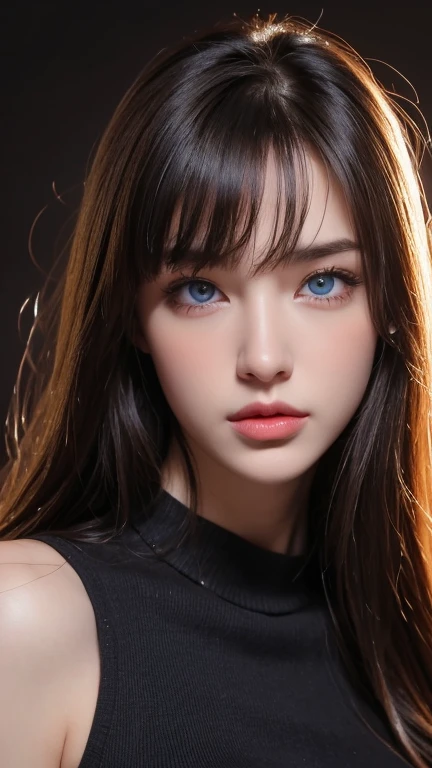 masterpiece, best quality, beautiful young woman, shiny blue eyes, (detailed pupils:1.2), eyelash, beautiful light black hair, streaked hair, multi color, medium hair, perfect face, detailed,