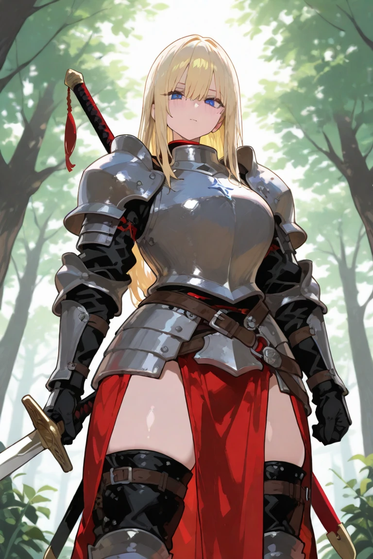 (masterpiece,best quality),reizei,1girl, dutch angle,parted lips, large breasts, shiny skin,,depth of field, light particles, ,shiny clothes, <lora:reizei:1>, parted lips, dutch angle, 
blonde hair, green eyes, long hair, hair ornament, armor, sunlight, nature, forest, colorful, multicolored background, bubble, feathers, light particles, looking away, standing, holding weapon, hair bow,petals, twintails, see-through dress, bare legs, black legwear, knee boots, from below,