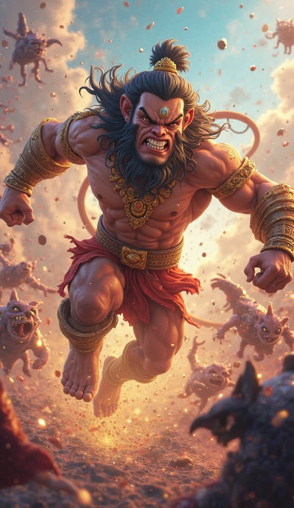 In cenamatic 3d cartoon style "A scene where Hanuman defeats Lankini, the guardian of Lanka, with a single blow, showcasing his unbeatable strength and courage.

