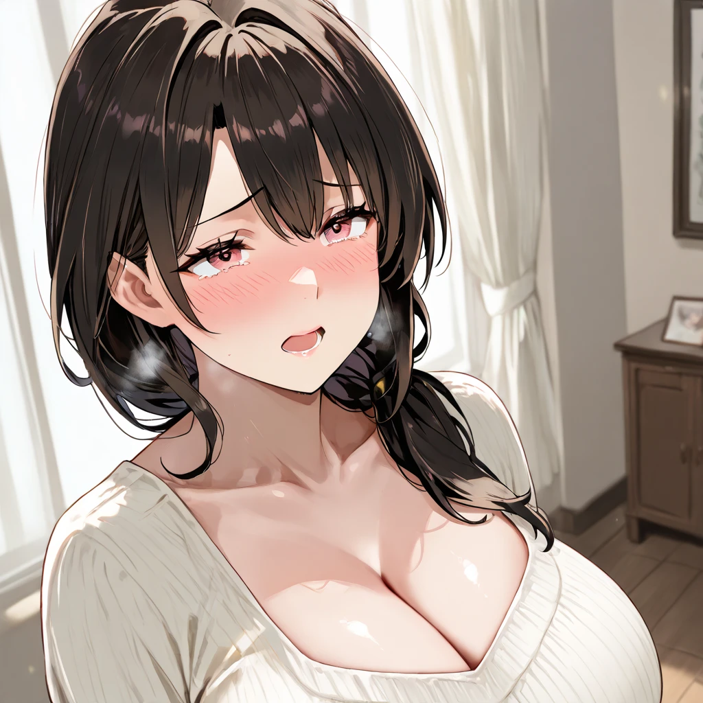 (masterpiece,Highest quality,Ultra-high resolution),,(ultra best illustration), (best shadow),high quality,(ultra detailed:1.15),hyper detailed,insanely detailed, exquisite,beautiful,absurdres,1 woman,Japanese women,(house wife:1.5),(40 years old:1.3),(middle-aged:1.49),(Small and round face:1,19),medium skin,shiny skin,detailed skin,detailed face,beautiful breasts,small breasts,Retinal Detail,side part,straight hair,long hair,short-sleeved shirt,culottes,