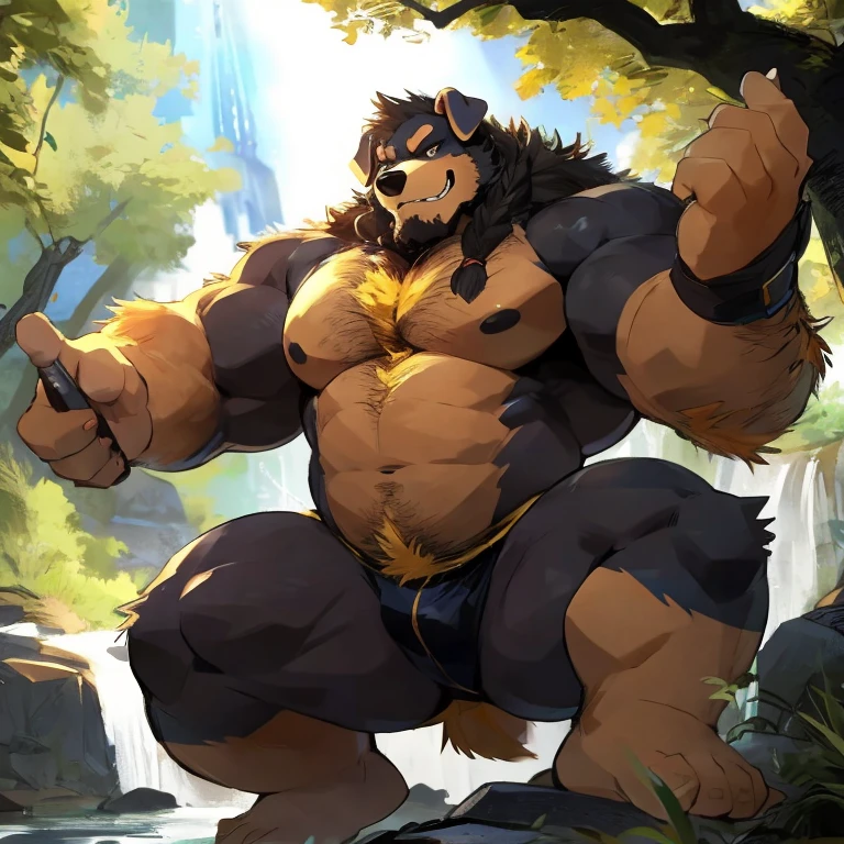 solo, anthro, furry, fur taur, furry male, beartaur, ((fluffy fur, fluffy, furry taur body)), (brown fur, bear print), brown body, grey hair, snout, black nose, yellow eyes, bear tail, detailed teeth, detailed face, detailed bear paws, detailed bear tail, spike ponytail, detailed fluffy fur, detailed face, detailed eyes, detailed body, detailed face, detailed eyes, full body, fantasy grand hall, (by null-ghost, by raccoon21, masterpiece, high quality, hi-res,8k), holding on to the wall on the ground, outdoor, happy expression, day, smirk, dynamic pose, hand wraps, detailed hands, detailed muscle, big belly((white))