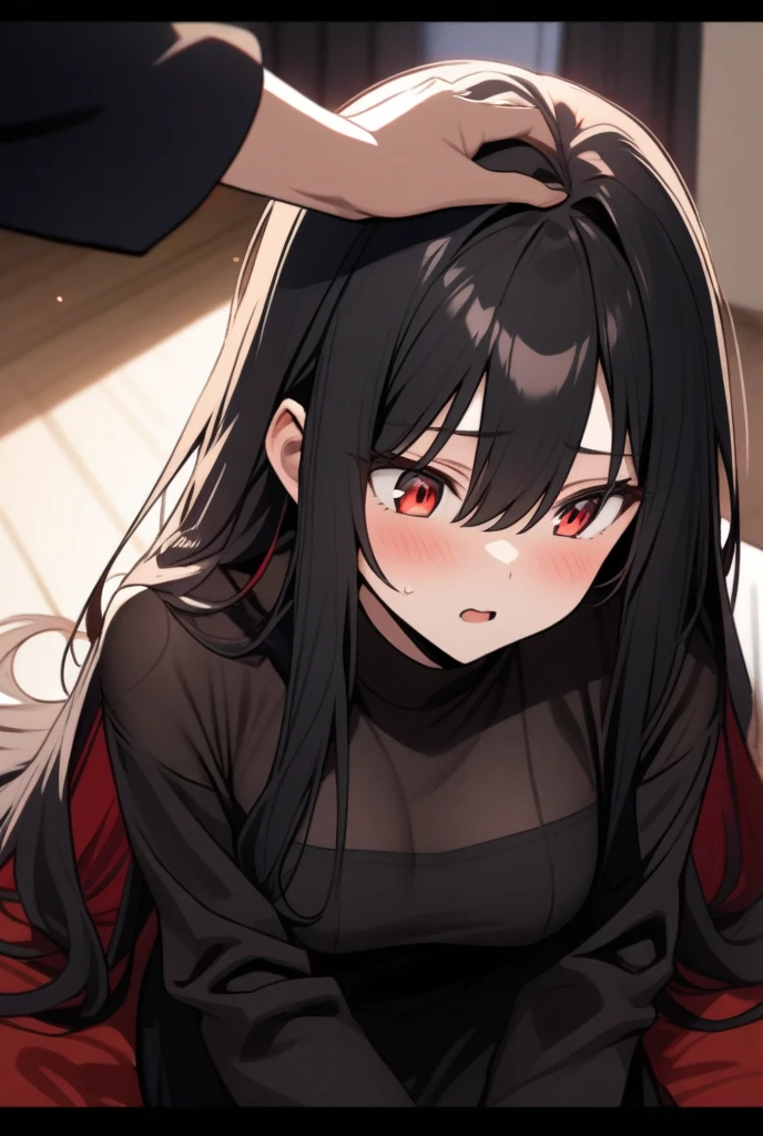 a beautiful woman with long black hair in ponytail,big black eyes,red crop top,black bracers,red skirt,tight black thigh highs,bracelet,jewelry,bare shoulders,panties,looking directly at viewer,(best quality,4k,8k,highres,masterpiece:1.2),ultra-detailed,(realistic,photorealistic,photo-realistic:1.37),vivid colors,warm lighting,portraits