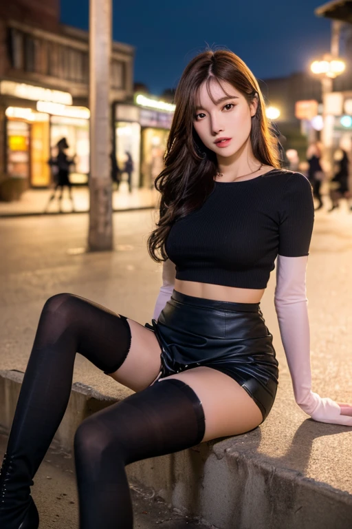 ​masterpiece、8K、32K、top-quality、(Detailed eyes)、(A cute Japanese woman、elegent)、bangss、Fair skin、23years old、1 girl in、(Detailed background depiction、portlate:1.2)、(doress:1.2)、In the street、(fishnet tights、long boots:1.1)、full body Esbian、ssmile、optic