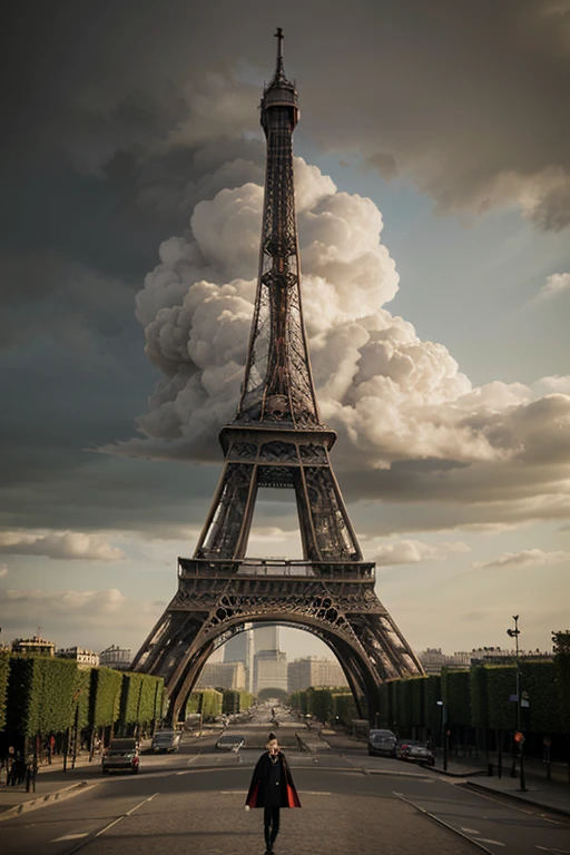 araffe view of the eiffel tower from the park, a blue sky, shiny sun, cloud, tall structures, paris, stunning image, towering over your view, a 15 foot tall, tall structures