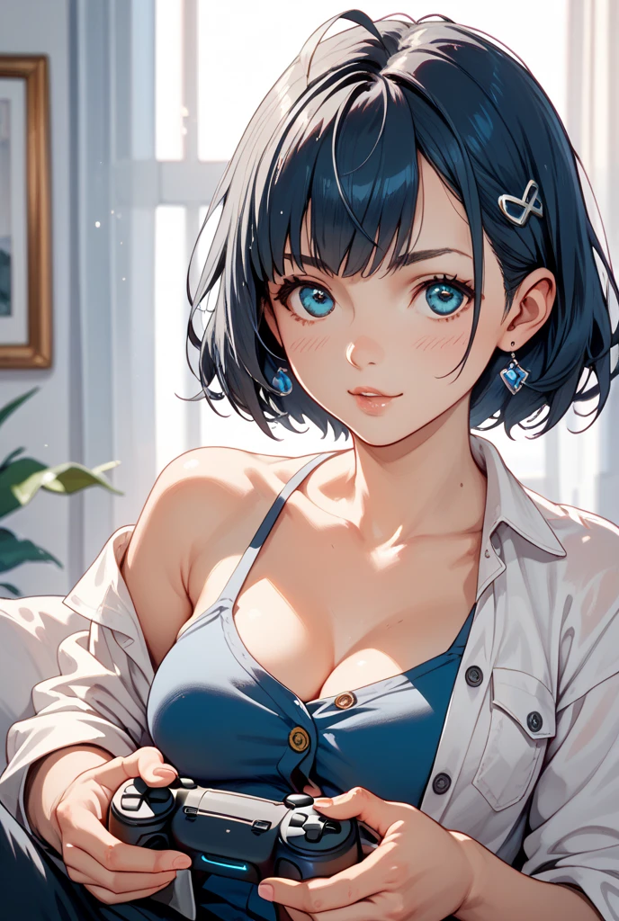 Beautiful Girl, Navy Blue Hair,short hair(Inward Curling Bob) ,blue eyes,Navy Blue Dress, White lace、Big Tits、blue earrings,In close range、blue necklace、Poses that accentuate the chest、Firm breasts