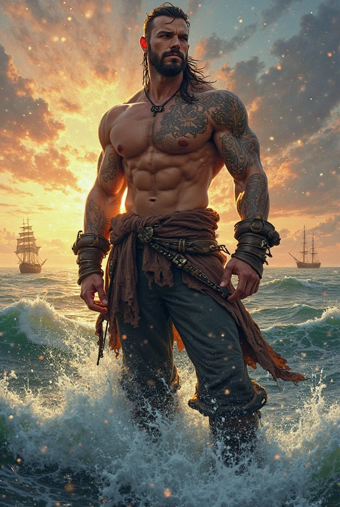 a sailor, skin fair, shirtless with defined abs, sultry gaze, Holding a trident in his hand, navy blue outfit and hat, in the background a black pirate ship