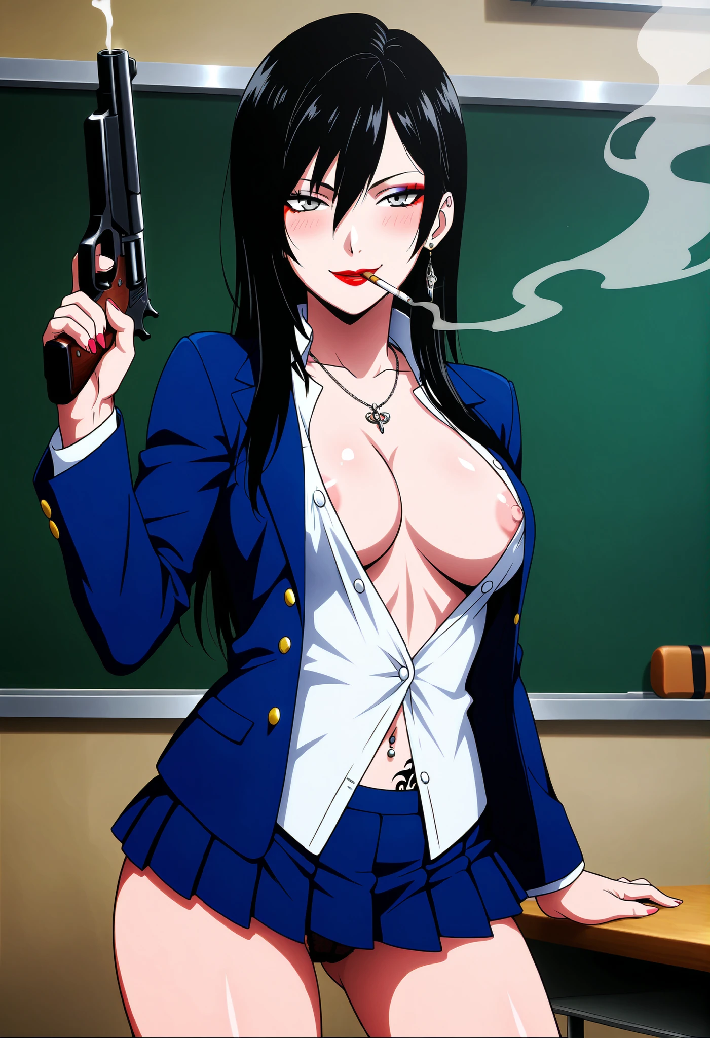 hasegawa chisato, long hair, blush, lipstick, jewelry, earrings, Hot girl, baddie, staring, glaring, bad attitude, mean girl, dare, angry, hate, crazy, smoking, sensual, attractive , masterpiece, best quality, ((unbuttoned , cleavage, necklace, earrings, sexy body,
breasts)) , micro skirt, smiling, navel , exposed belly, exposed navel,(nsfw) not safe for work,school,
classroom , hold a gun,knot, holding pistol