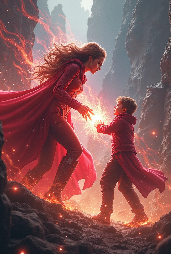 Loki, thor and scarlet witch as a kid playing together. Thor throw lightning at loki, loki with his little horn shoot green magic at thor, and scarlet witch floating with her red magic