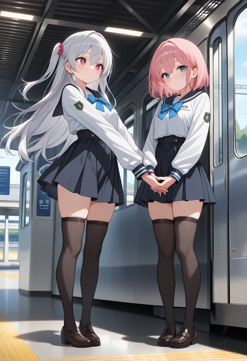 masterpiece, best quality, skirt, bag, jacket, socks, looking at viewer,plaid, blazer, brown hair, plaid skirt,(white socks:1.8),(thigh-high socks:1.8),long sleeves, bangs, open clothes, open jacket, bow, brown eyes, pleated skirt, bowtie, day, long hair, bush, red bow, kneehighs, shirt, sleeves past wrists, backpack,red bowtie,(beige jacket:1.8), school bag,(black skirt:1.8), blurry, collared shirt, miniskirt, white shirt, cardigan, grass, sweater, light smile, (Illustration:0.8), (beautiful detailed eyes:1.6),(Fully exposed panties:1.8),(1 girl standing:1.5),nsrf,grabbing another's ass,short stature,(orgasm:0.8), BREAK lotr of people,(crowded train:1.8),(rush hour train:1.8),(man with office suit:1.7),BREAK (turn up the skirt:1.7),(shirt lift:1.7),(bra lift:1.8), (nipples:1.2), (chikan:1.9),(vaginal sex:1.5), (frying hands:1.1), (fresher:1.5),(16 years old:1.6),(curvy:1.5),(zettai ryouiki:1.8),(cute panties:1.8),(white panties:1.8),(pink panties:1.1),(white bra:1.8), (turn up the brassiere:1.7), (misaligned brassiere:1.5),breast slip,breasts out, BREAK breasta_on_glass,povbrestgrab,(panties shot:1.5),(up skirt:1.5), grabbing another's breast,close contact with men,cohesive,(train:1.7), (surprised),(nose blush),(open clothes:1.3),(disordered shirt:1.1),(undressing:1.5), BREAK (from below:1.8),(cowboy shot:1.9),(dynamic angle:1.8),looking down,(spread legs:1.5),(side shot:1.8),BREAK