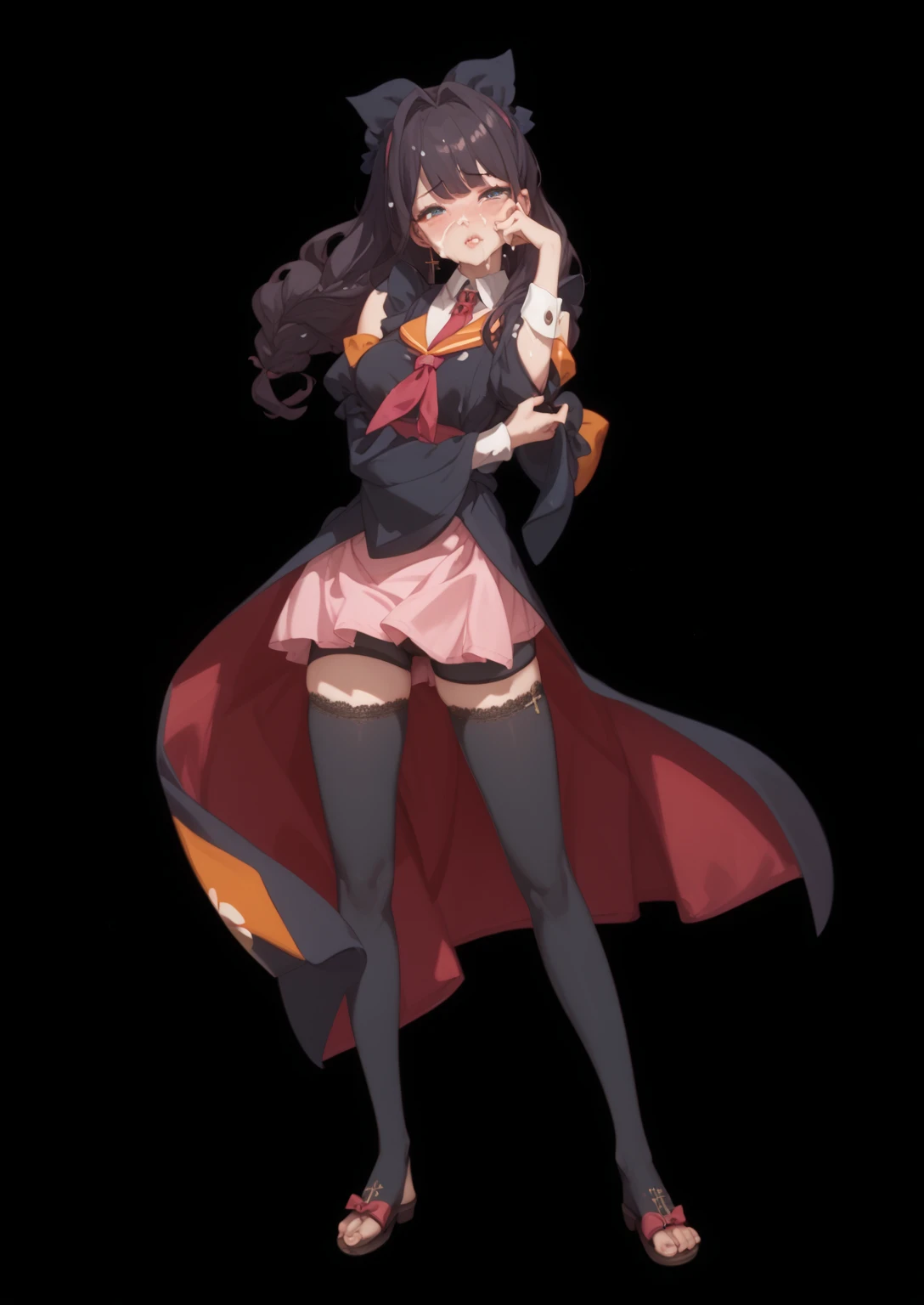 cute anime girl, long purple hair, beautiful red eye, black gothic skirt, black gloves, Exquisite details, black knee socks, No coat, red crimson shirt, red high heels