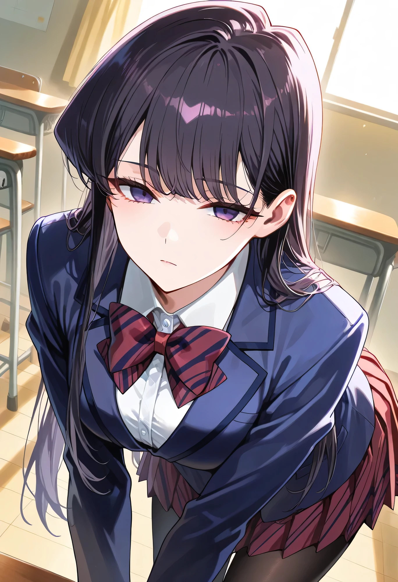 score_9, score_8_up, score_7_up, source_anime,
shoukokomi,
shouko komi, long hair, bangs, black hair, purple eyes, expressionless, half-closed eyes,
skirt, shirt, long sleeves, bow, school uniform, jacket, white shirt, pantyhose, pleated skirt, striped, collared shirt, bowtie, red skirt, blazer, blue jacket, striped bow, striped bowtie,
indoors, classroom, bent over,
looking at viewer, cowboy shot, dutch angle, solo,