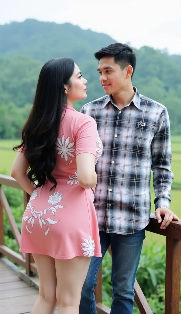 8k, raw photo, photografphy, A young Indonesian couple, both 20 years old, sitting and laughing together. The wife, who appears pregnant, is wearing an Indonesian high , and the husband is holding her belly. The background is a bedroom with a window showing a countryside view, in realistic, ultra HD, masterpiece quality.