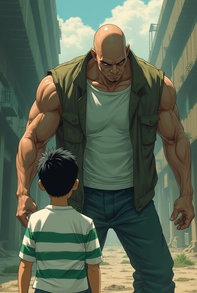 creates an image of a white-brown haired boy fighting a six-foot tall bald man in an abandoned warehouse