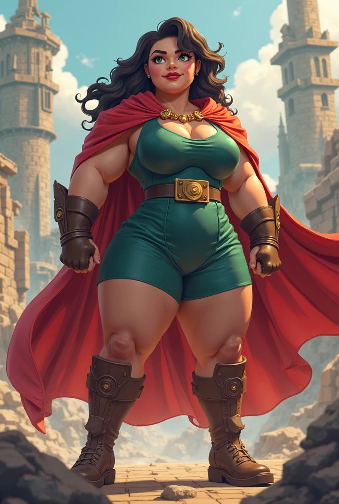 ((Masterpiece)), ((Best Quality)), ((Solo)), ((alone)), ((1girl)), ((((Massive Female Bodybuilder:1.2)))), ((((Huge breasts:1.2)))), NSFW, long and curly dark brown hair, extremely detailed, portrait, looking at viewer, (full body), mischievous eyes, (warm summer castle theme), sorceress, charlatan, smirk, mysterious, walking in courtyard, revealing ((dark red)) sorcerer attire, red knee-length red skirt, off shoulder, straps, long sleeves, loose sleeves, cloak, corset, black leggings, black trousers, black pants, long brown boots, buckles, straps, pouches, magic energy, red fabric, white trim, slim waist, wide hips, long legs, medieval (castle exterior) background, dark mysterious lighting, shadows, magical atmosphere, dutch angle