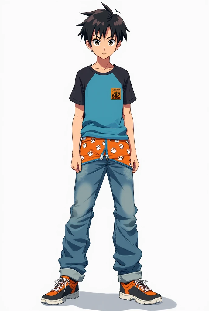 An anime teenager (naruto type) he is wearing a light blue t-shirt, beige cargo pants and blue Air Jordan sneakers, black andwhite, He has white skin and black hair and he has a relieved face. He is very handsome and cute and he is throwing an open pair of white boxer briefs into the trash.,  He's out of his underwear