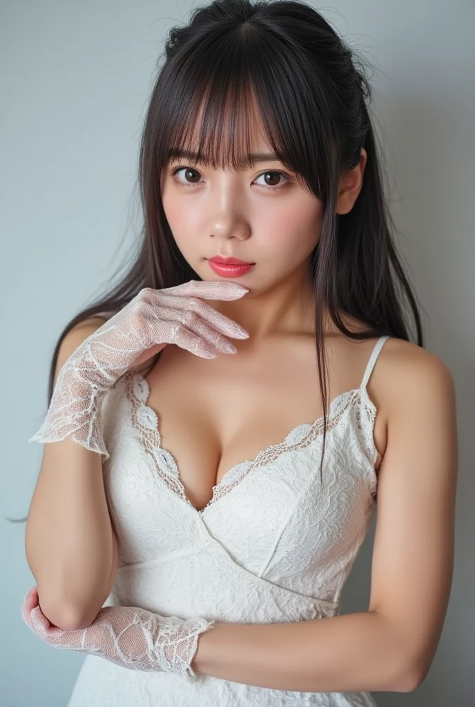 ((NSFW)), ((1.femele, Solo)), Highly detailed CG Unity 8K wallpapers、top-quality、ultra-detailliert、masterpiece、realisitic、Photorealistic highly detailed cute girl、(25-years old)、red blush、round idium chest、cleavage of the breast、Semi-body shots、White wedding dresses、Valley、Hotel、(White Princess Line Wedding Dresser Tiara、White choker、White lace gloves、white panty hose:1.2),(White skirt、Beautiful embroidery、White lace garter belt:1.2),Beautiful necklaces、The whole body is reflected、Staring straight ahead、Mouth ajar、Enchanted、A wistful look、Ecstatic face、cum faced、opening legs widely、all-fours、Head down、Rest your elbows on the bed、Raise your buttocks high、Show your pants、doggy style、Looking at the buttocks from behind