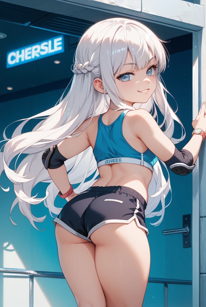 Brown dog-eared woman, (Bouncy white hair,Bright Blue Eyes,Brown Skin,Small breasts,Torn ABS, tailbone),(Grey Halter Top,Shiny light blue jacket,Black and grey skort,Gym Bags),Walking around town,