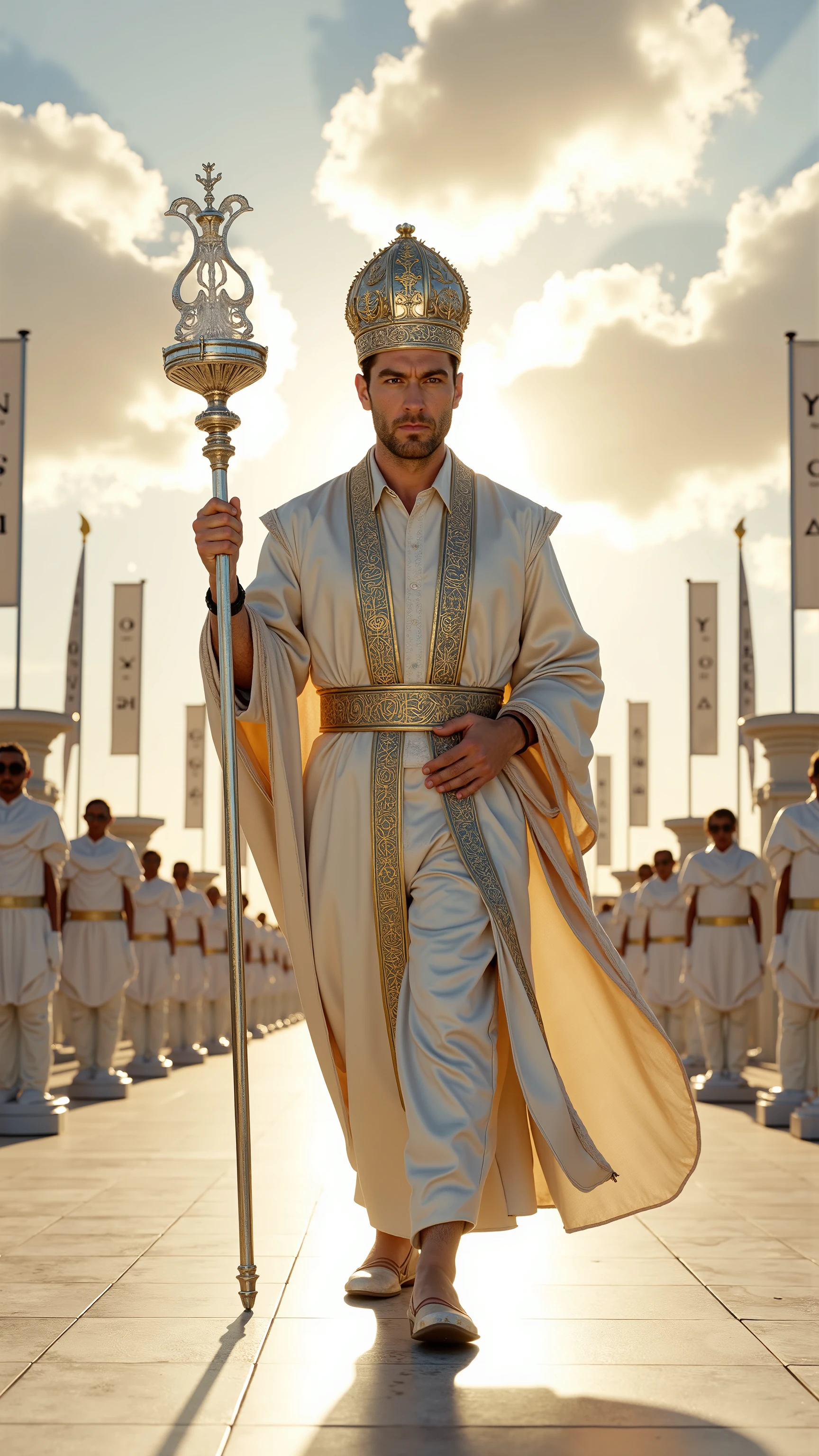 Jude Law reimagined as the living embodiment of the white chess bishop, walking forward with calm grace across a sunlit marble chess plaza, 1 male,
Smooth, refined features, soft golden beard, intelligent hazel eyes filled with insight and stillness. He wears a tall, elegant bishop's mitre forged from luminous silver and white stone, etched with glowing sacred geometry. His robes are layered with silken white and ivory fabric under shaped silver armor that reflects sunlight. A long ceremonial stole drapes across his shoulders, embroidered with golden runes and symbols of wisdom and harmony.
In his hand he holds a tall silver staff tipped with a translucent crystal bishop figure, glowing softly with white-blue energy. His gait is light yet certain — like a man who has already foreseen the next ten moves.
Shows his full figure, graceful lean build, noble and calm face, no helmet, full body, wise presence in motion, bishop-like authority.
The background reveals a glowing white marble chessboard plaza beneath a radiant golden sky. Upright white pieces stand in clean formation behind the figure. Tall white banners ripple gently in the breeze. Sunlight pours through scattered clouds, illuminating polished stone, with subtle golden shimmer along the cracks. The entire space radiates balance, peace, and quiet strength.
, photorealistic, masterpiece, realistic, high contrast, cinematic lighting, 8k, HD, high definition detailed, detailed, hyper detailed, realistic skin texture, best quality, ultra high resolution, hyper realistic, no text, very detailed eyes, dramatic lighting