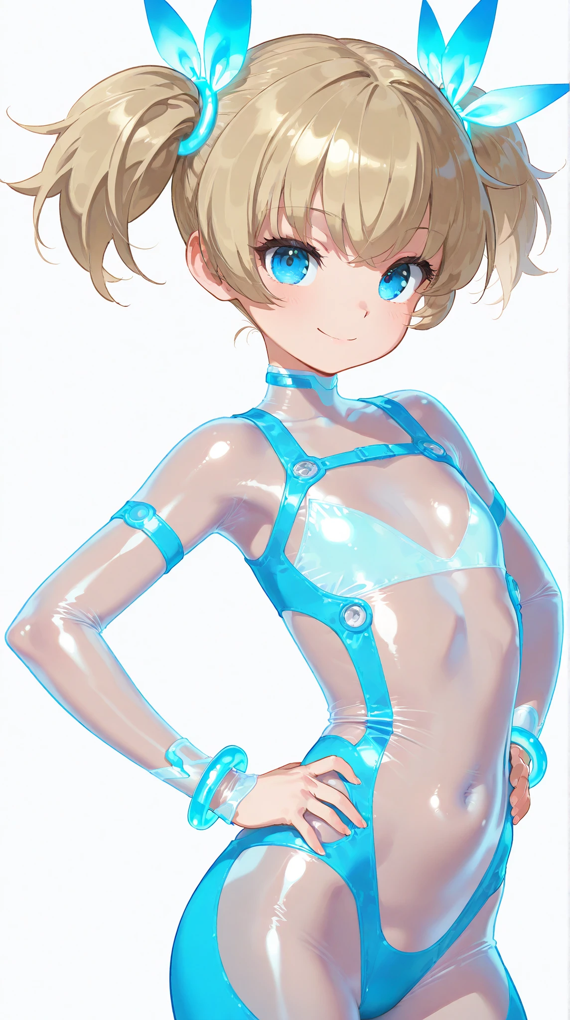 Blonde hair, short mash hair, turquoise eyes,A girl with impressive blonde hair、hair ornaments、short bob、hot pants、smile、dynamic pose, Pink bondage suit, mocking smile、Small breastasutepiece, Best Quality, 1 girl, Solo, effect, Dark background