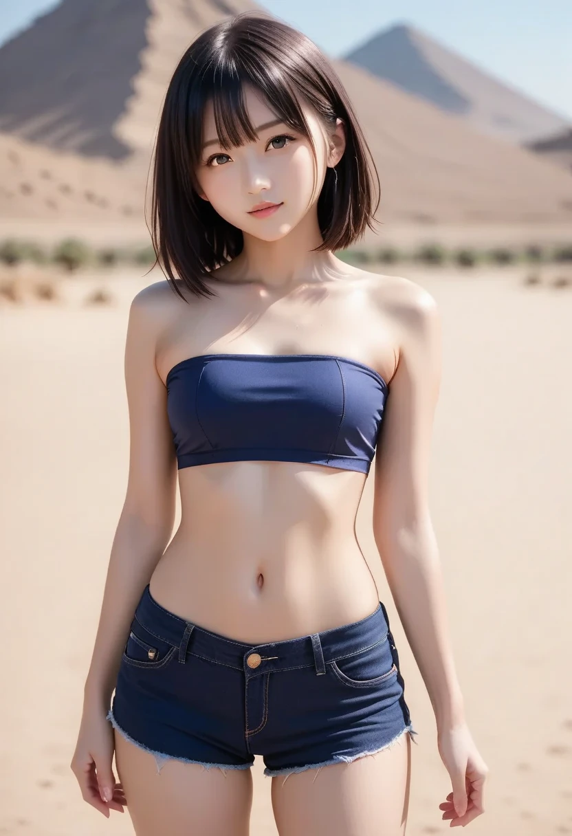 Ultra High Resolution, (Realistic: 1.4), RAW Photo, Best Quality, (Photorealistic), Focus, Soft Light, (()), ((Japanese)), ( Young Face))), (Depth of Field), (One Piece), Masterpiece, (Photoreal), Woman, Bangs, (( bandeau top, shorts, Flat Breasts, 1 Girl))