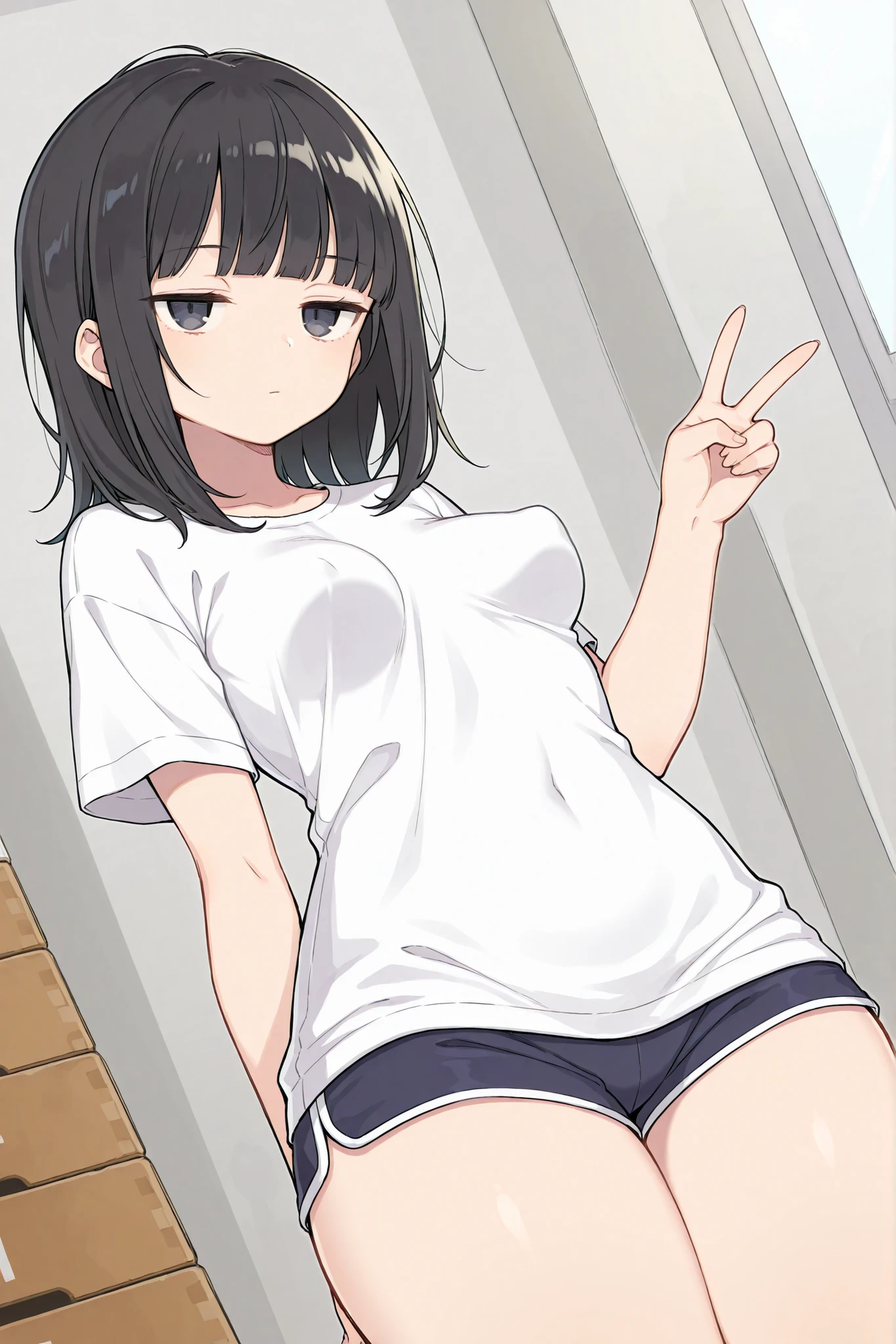(masterpiece, best quality, ultra high quality:1.1), artist, very awa, {prompt}, masterpiece, best quality, recent, newest, absurdres, highres, dynamic angle, cowboy shot, 1 girl,medium hair, tomboy, black hair, half-closed eyes, bored, expressionless, jitome, blunt bangs, oversized shirt, shorts, gym shorts, thick thighs, medium breasts, perky breasts, cowboy shot, v, close up