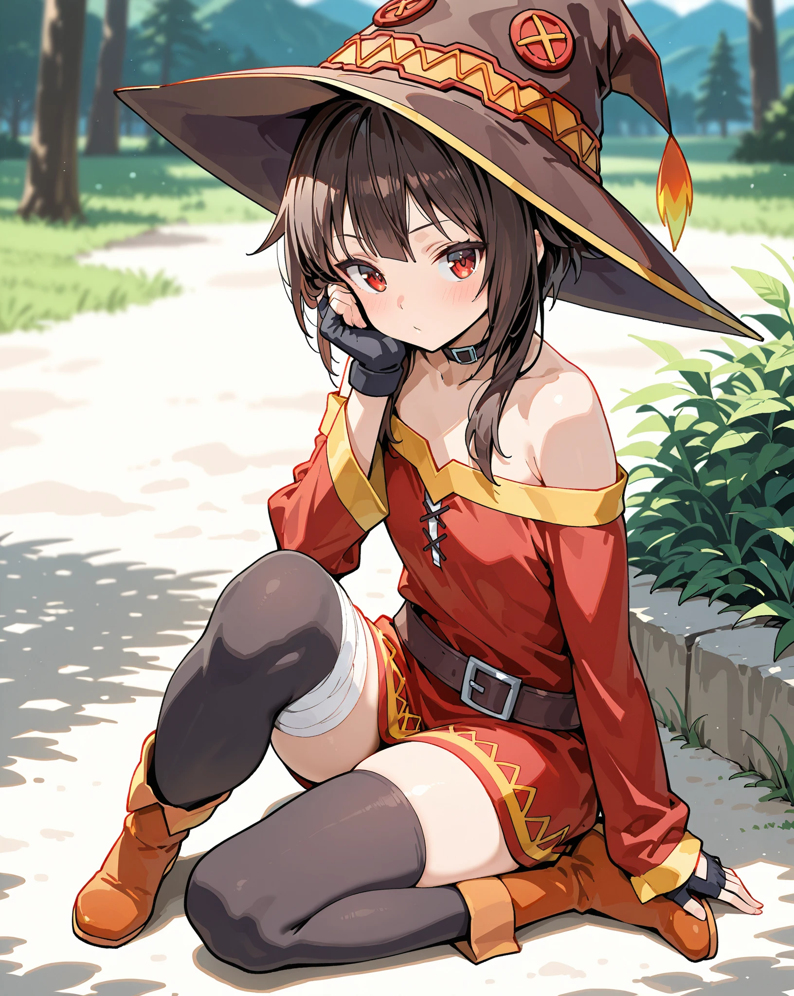 1 girl,masterpiece,small tits,short hair,(top-quality),sitting on,(Megumin),Big witch's hat,(high details),