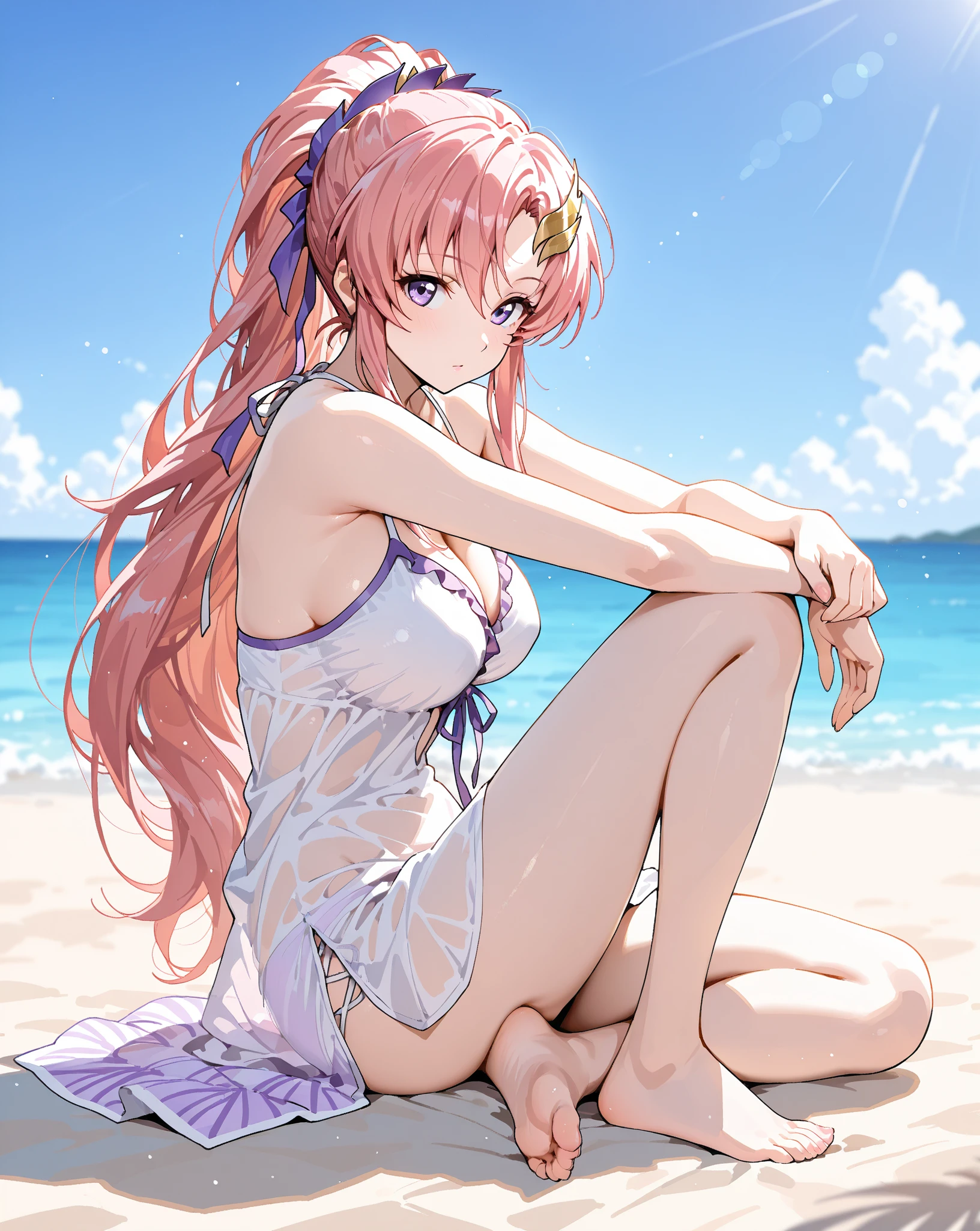 1 girl(white pareo, pink hair, half side up hair, flower hair clip, red eye, barefoot), sea side beach,