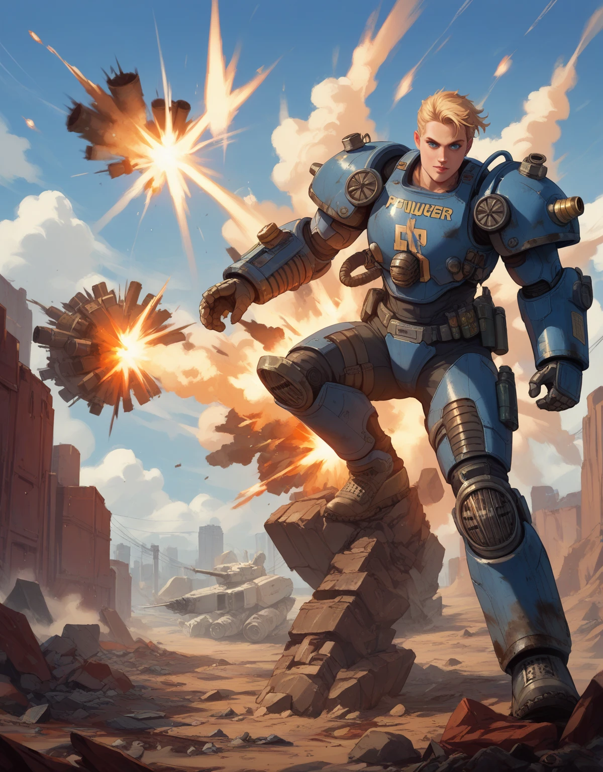 painting of a man with a huge muscular body holding a rocket, in style of kyrill kotashev, by maxim verehin, by Bencho Obreshkov, inspired by maxim verehin, concept art like ernest khalimov, by Vladimir Novak, by Ilya Ostroukhov, by Igor Grabar, by Mikhail Evstafiev