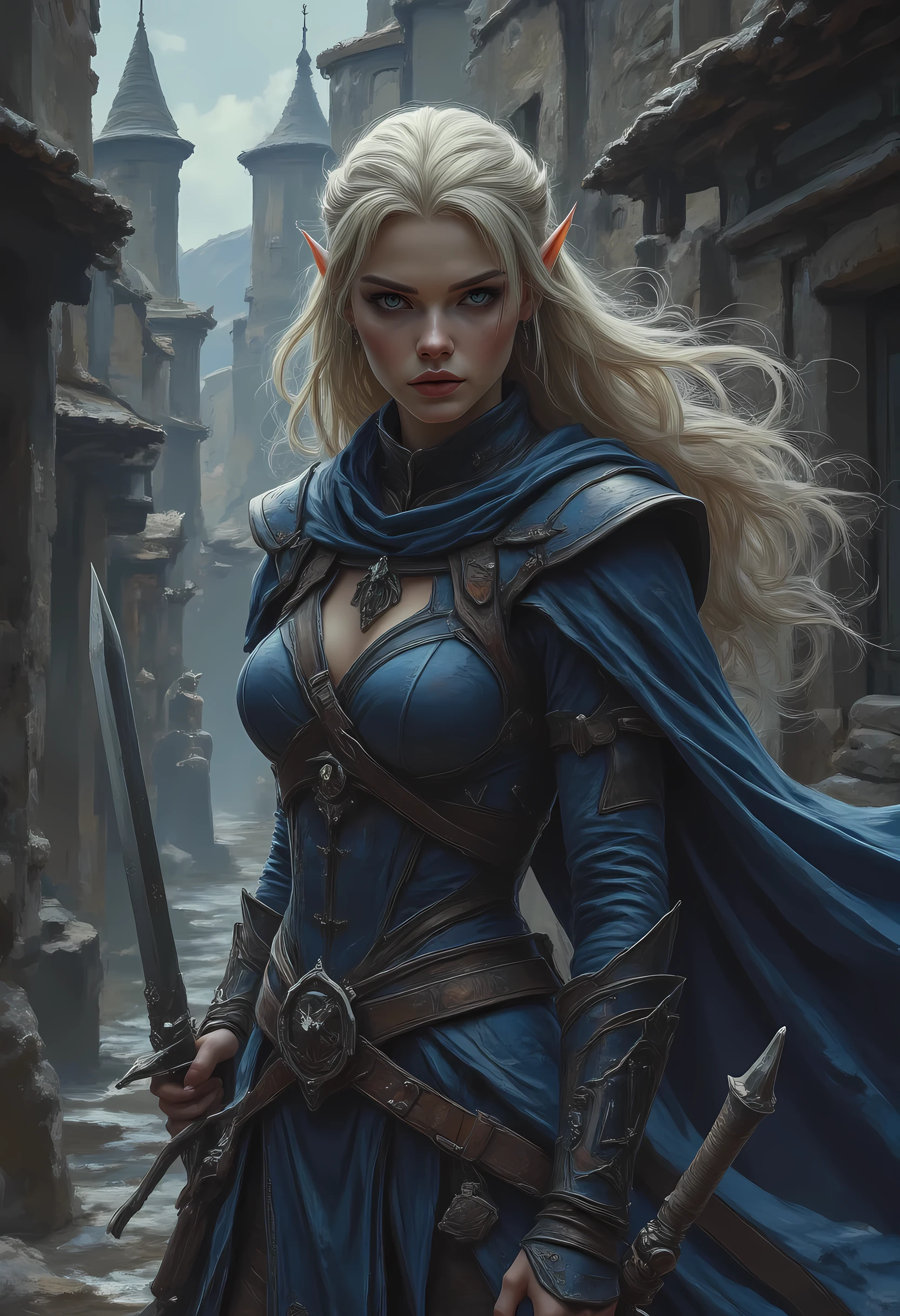 a black and white 1940s pin up snapshot picture of a female elf, fantasy swashbuckler, fantasy fencer, armed with a slim sword, metallic shine, colorful clothes, full body, epic beautiful female elf, blond hair, long hair, billowing hair, small pointed ears, wearing  cloak, long cloak, (blue cloak: 1.3) wearing elven leather shirt, sense of daring, sense of adventure fantasy street, high details, best quality, 16k, [ultra detailed], masterpiece, best quality, (extremely detailed), dynamic angle, ultra wide shot, photorealistic, RAW, fantasy art, realistic art,((best quality)), ((masterpiece)), (detailed), perfect face, fantasy, light and shadows by reij-shdwgms