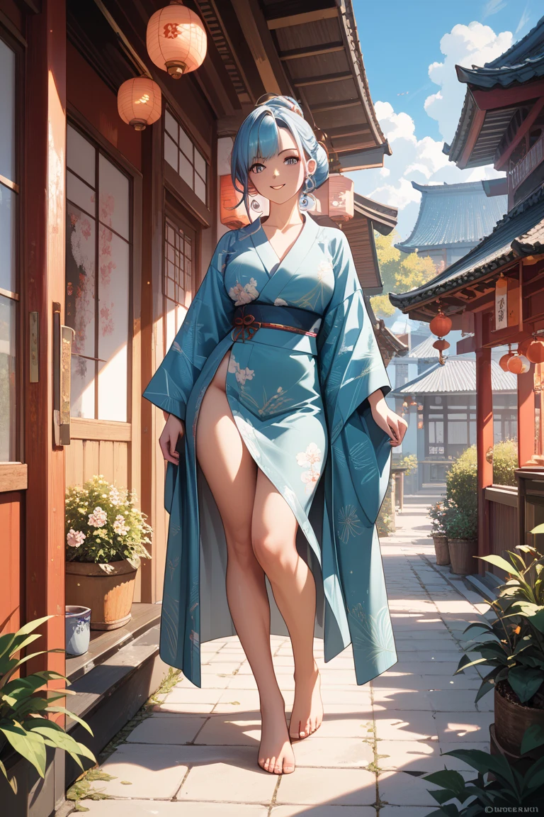 High quality, beautiful woman, mature, beautiful silver hair, short hair, bangs, Russian style beautiful woman, beautiful legs, beautiful taut breasts, beautiful buttocks, taut beautiful buttocks, beautiful buttocks, light blue eyes, Japanese style, sparkling kimono, beautiful kimono design, smile, hands down, hands in front, Japanese room,