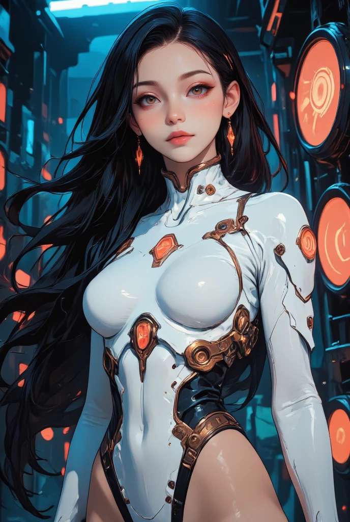 (masterpiece, Highest quality), 32K,(Highly detailed beautiful woman), Poster,sf,1960s,1970s,Bauhaus, shape, Abstract,movie Poster, Vintage,Retro,Future Anime,The ultimate map,highlight,Very detailed glowing eyes,Cleavage,Complex patterns,Stylish hairstyle,Grey and orange outfit,Starry Sky