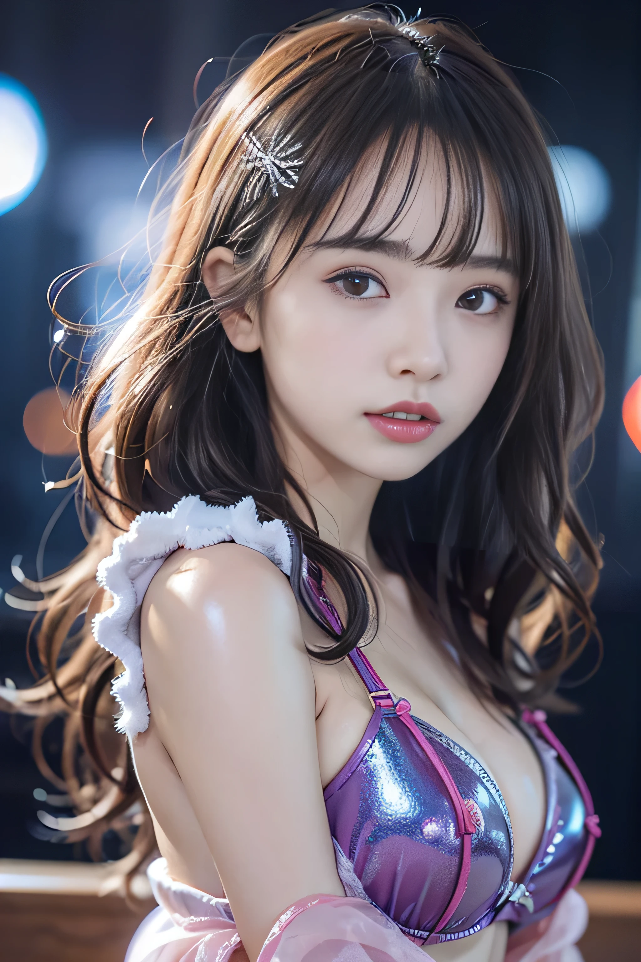 highest quality、masterpiece、Ultra-high resolution、(Photorealistic:1.4)、RAW Photos、(A girl tied to a machine)、13 years、Shiny platinum hair、Embarrassed look、Glowing Skin、((Ultra-Realistic Details))、Portraiture、Global Illumination、Shadow、Octane Rendering、8k、Ultra Sharp、Big Breasts、Cleavage、(Exposed bare skin underbust:1.4)、(Latex micro bikini without strings:1.4)、Upper arm chain、Very intricate detail、Realistic Light、Trends of the CG Association、Purple eyes、Shining Eyes、To the camera、Neon Details、Sit on、Futuristic hair accessories、Gundam、Small LED Lamp、Purple neon lighting、Green neon lighting、, Showing your underarm hair, hard nipples erect:1.4, nipples pointing up:1.4, headset,