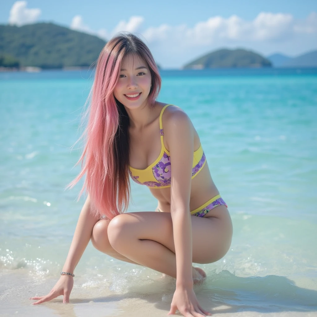 beautifull woman with long pink hair,windy hair, portrait photo, wearing, sunflower bikini, at MALDIVES beach, sitting in swing, snapchat photo style, instagram analog style, looking away, camera, skin texture, film grain, ultra high resolution, shadow best, RAW, Instagram LUT,long pink hair,windy hair, soft smile,wide angle shot