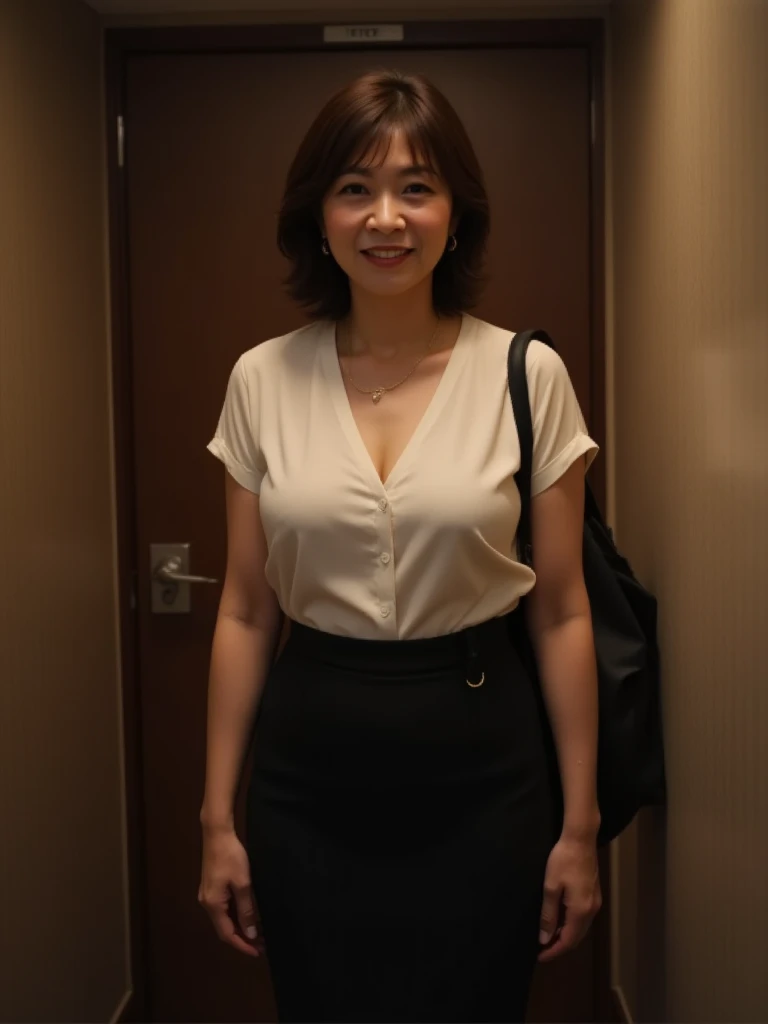 ​masterpiece,top-quality,higher rank,(A MILF_femele:1.1),Detailed skin,Photoquality,(65 years old:1.3),(large udder),hyper realstic,length hair,a smile,Anatomically correct body,Being in the warehouse,White blouses,tight skirts,Slim body