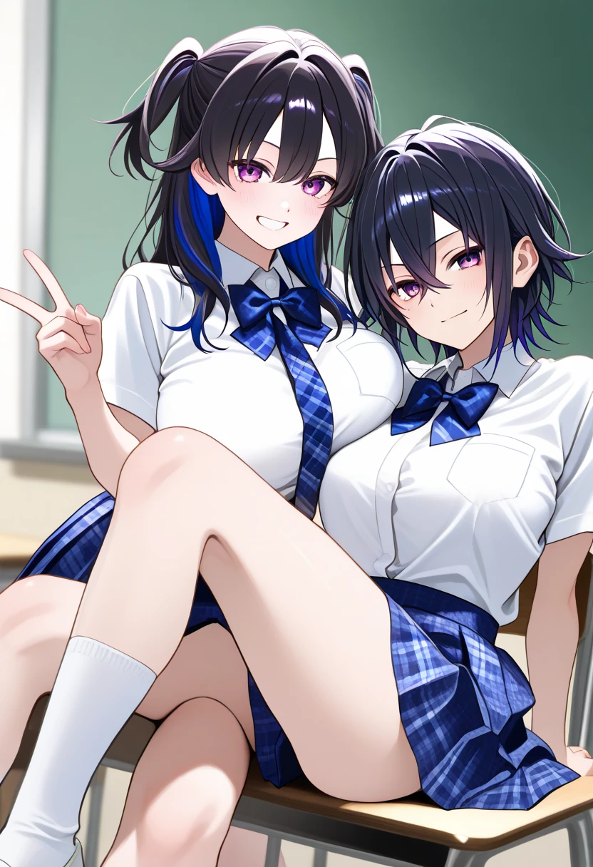 ((2 girls))、laughter、blush、shirt、のskirt、、((fun))（small breasts）、chiralism、black hair、single braid、(黒いskirt:1.3)、bow, button, 襟の付いたshirt, long sleeve, マイクロskirt, プリーツskirt、(Jacket)、 skirt, socks, thighs, 白い shirt, Rest indoors, ((classroom:1.5))、 BREAK looking at viewer、skirtの破れ，(skirtを掴む:1.5)、 (perfect hands, perfect ???????),cowboy shot、(skirt lift:1.3),(Very detailed white panties:1.3)、(Very detailed panties:1.3)、、(skirt that rolls up:1.3)、(fully exposed panties:1.5)、