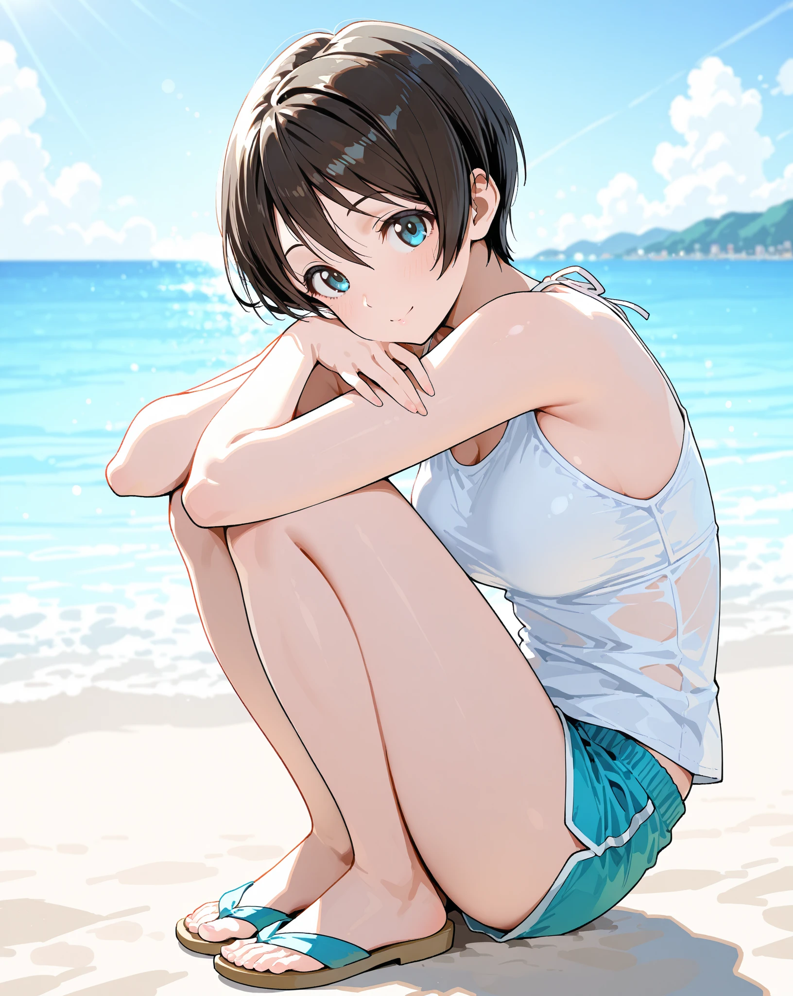 The ultra -The high-definition、high-level image quality、top-quality、Full feet and hands、complete fingers、Beautuful Women、1 persons、Bery short hair、Cute smile、White Sailor School Swimsuit、Summer Beach