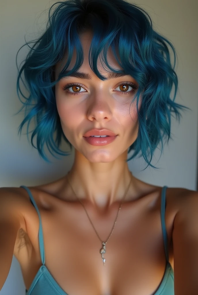 A stunning portrait photograph of a young woman with blue hair, sporting a slightly tousled undercut hairstyle. She stands in a bathroom, exuding confidence, with water droplets shimmering on her skin. The bathroom is tastefully decorated with modern fixtures and a minimalist aesthetic. The overall ambiance of the photo is fresh and invigorating, highlighting the woman's natural beauty and strength., photo, portrait photography