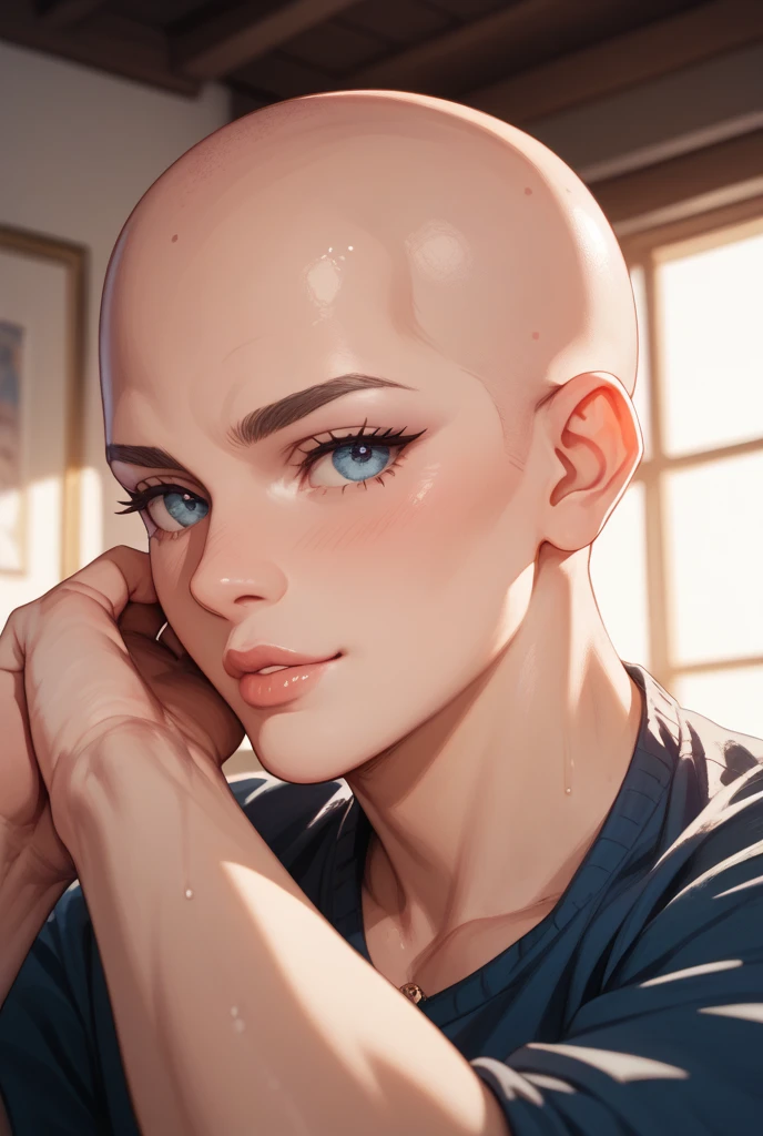 a naked girl with a completely shaved head lying on a bed
