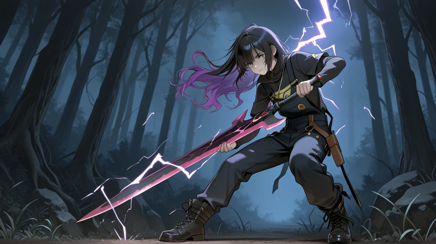 The image is a digital illustration of a young man in a dark and eerie forest. He is wearing a black outfit with intricate patterns and designs, and his hair is styled in a spiky manner. The man is holding a large sword with a pointed tip and a long, sharp blade. The background is filled with purple lightning bolts, creating a dramatic and ominous atmosphere. The overall mood of the image is dark and mysterious.