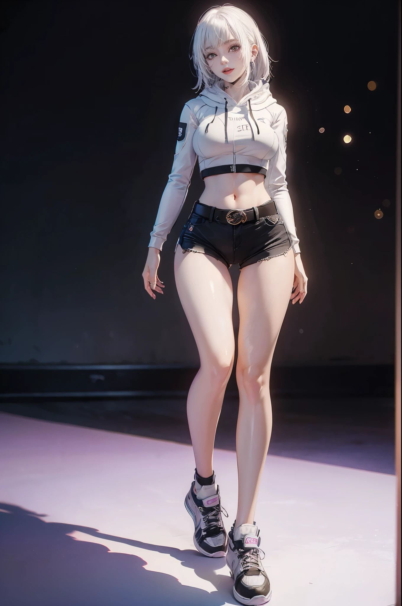 A close-up of a woman in black outfit posing on a black surface, Cyberpunk 2 0 et. o model girl, 3 D Rendu Personnage Art 8 K, Corps entier CGonSociety, Photorealistic whole body, Le personnage est dans sa pose naturelle, photorealistic anime girl render, corps entier femelle, Art des personnages 3D, cgsociety masterpiece, photorealistic perfect body