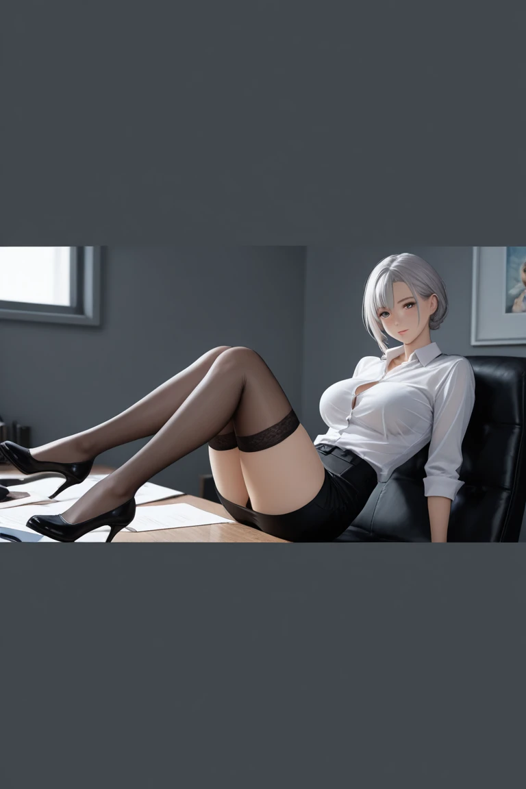 finest image, (8k, RAW photo, realistic), portrait, intelligent beauty, white flowing layered short hair, blue sparkling big eyes, half open crimson alluring moist big thick lips, a dark gray business suit with a dark gray tight miniskirt, pink lace panties, very small breasts, slender, perfect proportion, sit on a chair in the office background beautiful office room, professional lighting