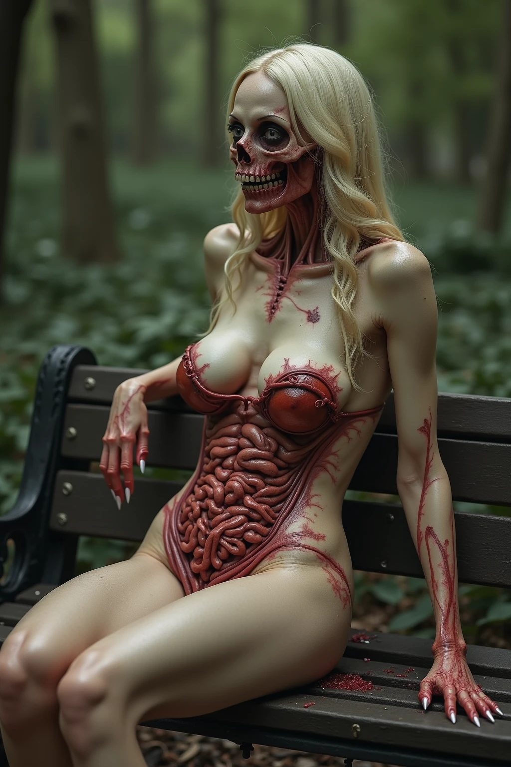 “Create an artistic rendering of a seductive zombie model celebrating the International Day for Biological Diversity. She should have dead eyes and her body should feature subtle erotic details to accentuate her eerily attractive essence. Instead of the usual eerie atmosphere, she is adorned with elements of nature, such as flowers, vines, and leaves, emphasizing the beauty and richness of biodiversity. Her attire can include vibrant floral patterns and natural textures. Add details like butterflies resting on her skin, and integrate twisted hair adorned with blossoms to add character. Emphasize subtle erotic details such as sensual poses and curves, maintaining a tasteful presentation. The background should be filled with lush greenery, various plants, and animals to highlight the importance of protecting our natural ecosystems. The overall image should exude an aura of natural beauty and seductive charm, celebrating the richness of biological diversity.”
