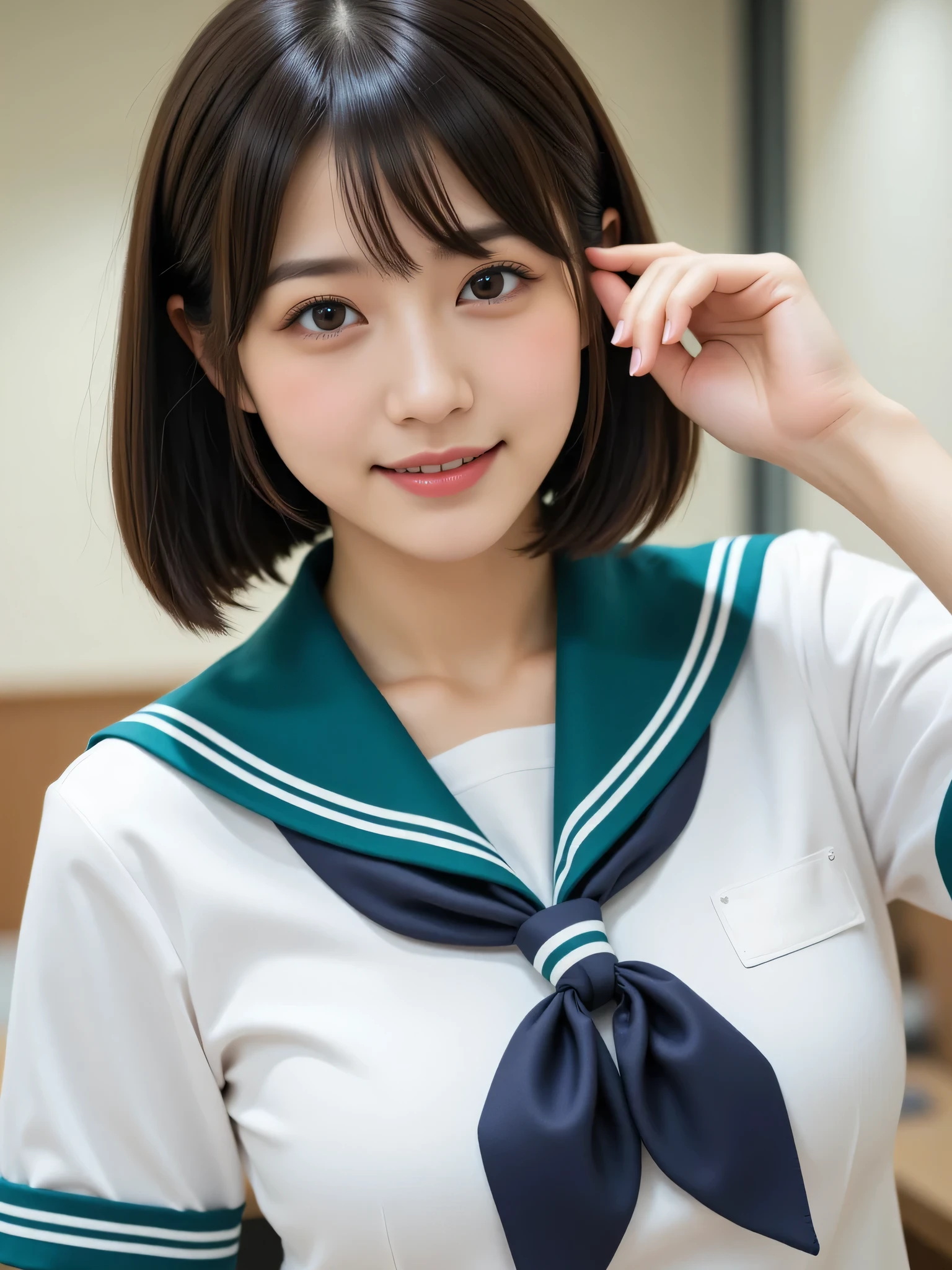  japanese cute idol, Japanese cute girl, kawaii, a pretty woman is posing  at the school nurse’s office  , 1girl, solo, realistic, smile, school uniform, short hair, black hair, nsfw, masterpiece, best quality, hyper detailed, insanely detailed, 16k,  japanese ,  cute, kawaii, photorealistic, Realism, raw photo, real person , 1girl, solo, black hair, short bob hair, breasts, realistic, 
