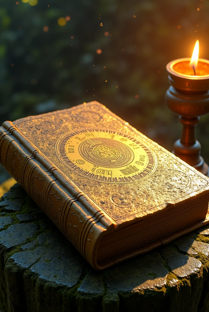 An ancient, oversized book resting on a stone pedestal, bound in cracked golden leather engraved with mysterious sun glyphs, softly glowing with an ethereal aura. The book is partially open, revealing aged, faded pages with delicate hand-drawn symbols, celestial charts, and elegant calligraphy. The illustrations are subtle and intricate, reminiscent of secret knowledge. The setting is a moss-covered stone chamber illuminated by warm torchlight, with floating dust and magical particles in the air. Inspired by Inca and Aztec mythologies, cinematic fantasy style, high detail, 8k
