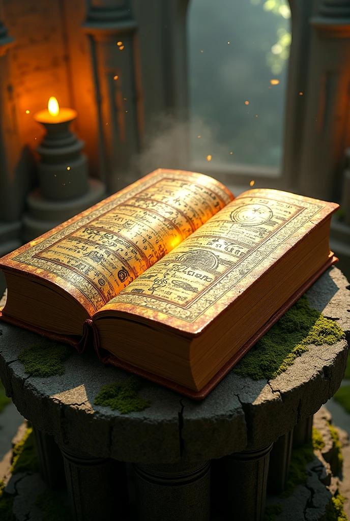 An ancient, oversized book resting on a stone pedestal, bound in cracked golden leather engraved with mysterious sun glyphs, softly glowing with an ethereal aura. The book is partially open, revealing aged, faded pages with delicate hand-drawn symbols, celestial charts, and elegant calligraphy. The illustrations are subtle and intricate, reminiscent of secret knowledge. The setting is a moss-covered stone chamber illuminated by warm torchlight, with floating dust and magical particles in the air. Inspired by Inca and Aztec mythologies, cinematic fantasy style, high detail, 8k
