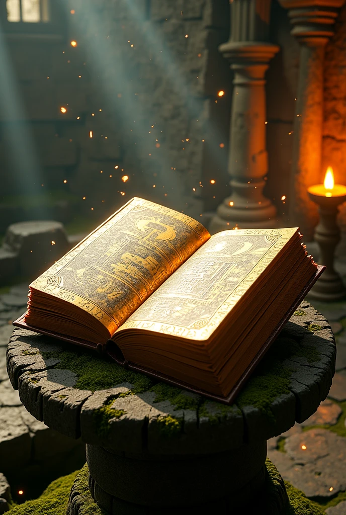 An ancient, oversized book resting on a stone pedestal, bound in cracked golden leather engraved with mysterious sun glyphs, softly glowing with an ethereal aura. The book is partially open, revealing aged, faded pages with delicate hand-drawn symbols, celestial charts, and elegant calligraphy. The illustrations are subtle and intricate, reminiscent of secret knowledge. The setting is a moss-covered stone chamber illuminated by warm torchlight, with floating dust and magical particles in the air. Inspired by Inca and Aztec mythologies, cinematic fantasy style, high detail, 8k
